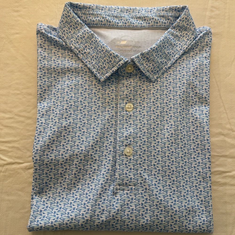 NWOT Vineyard Vines Light Blue Fish Pattern Microprint Palmero OTG Polo XXL - Picture 5 of 7